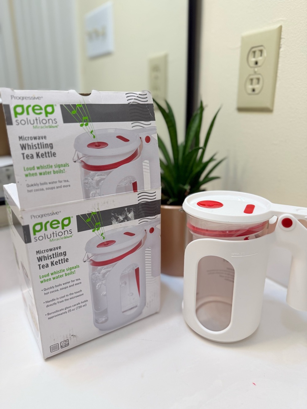 White and Red Microwave Whistling Tea Kettle